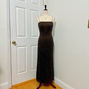 Jovani Brown Silk Beaded Evening Gown